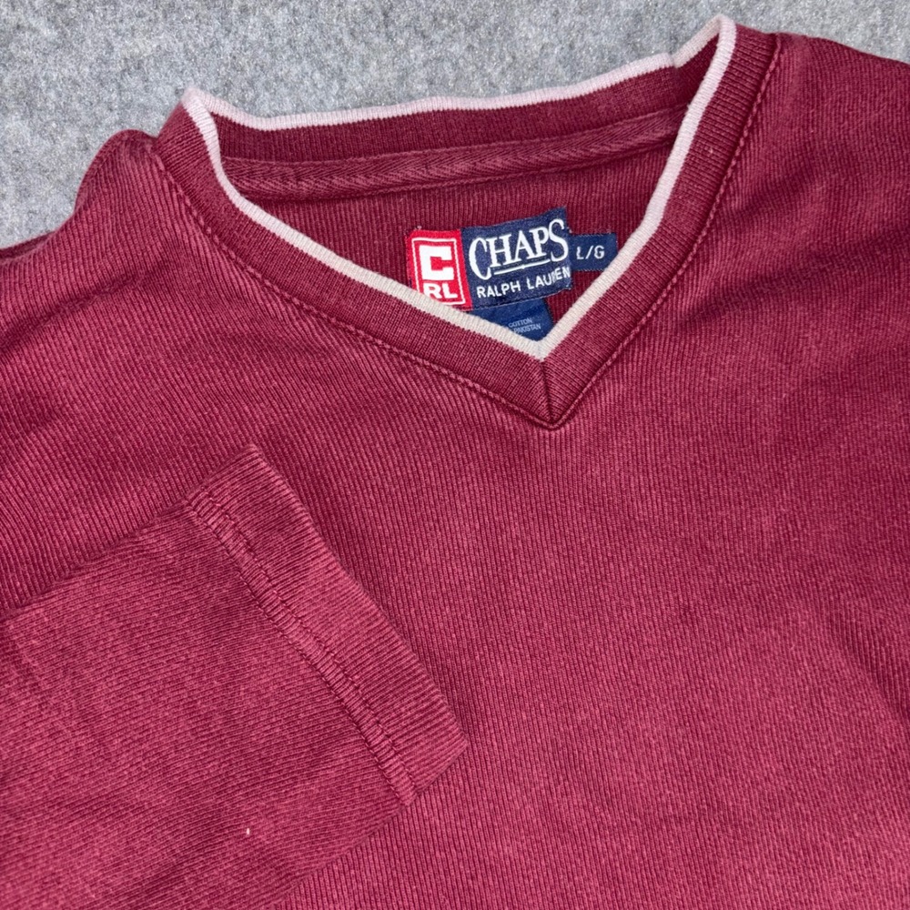 VTG Chaps Ralph Lauren V-Neck Shirt Mens Large Burgundy Long Sleeve Ribbed Knit